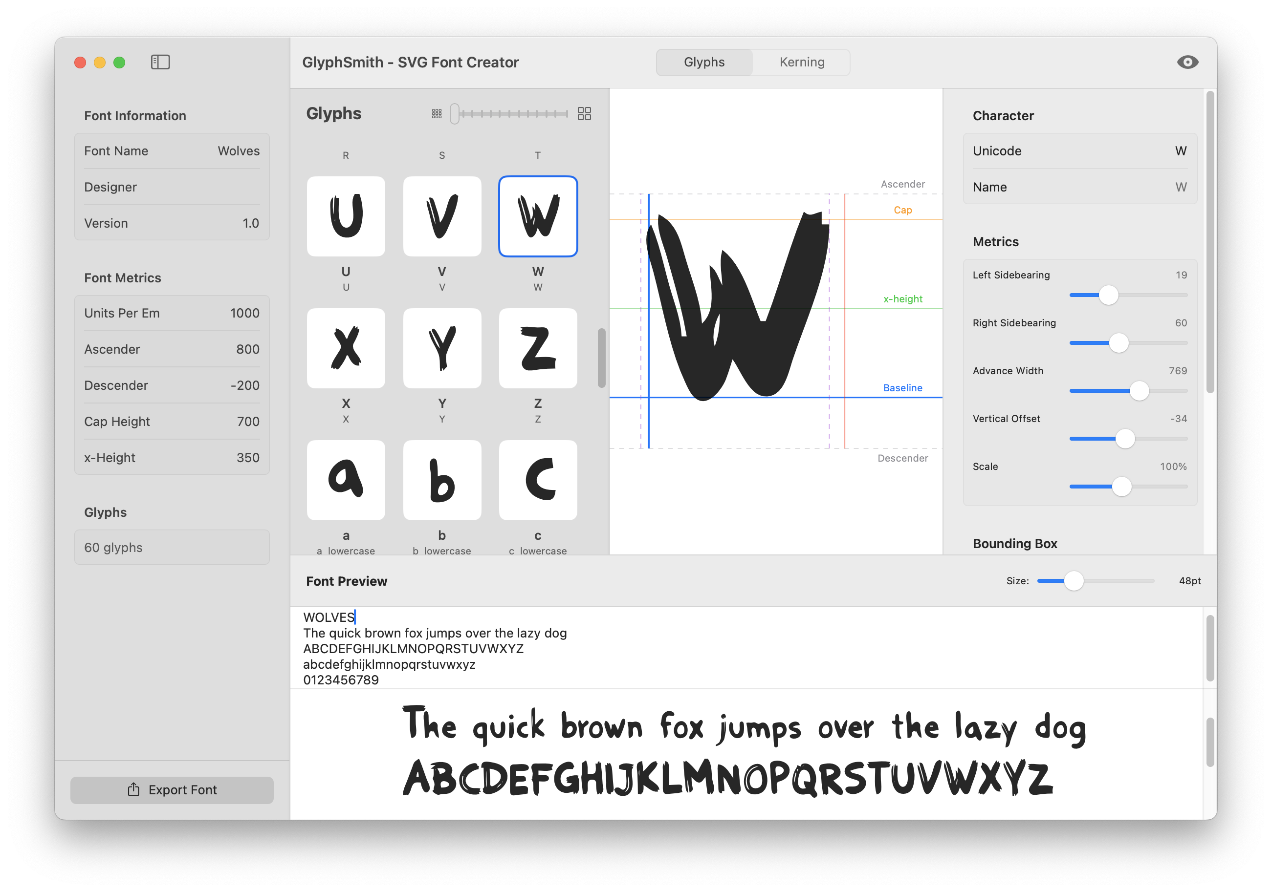 GlyphSmith main interface showing the glyph editor with visual guidelines and live preview